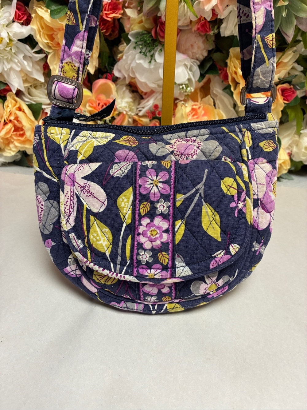 Vera Bradley Lizzy Floral Nightingale Quilted Cotton Crossbody Bag Navy Retired